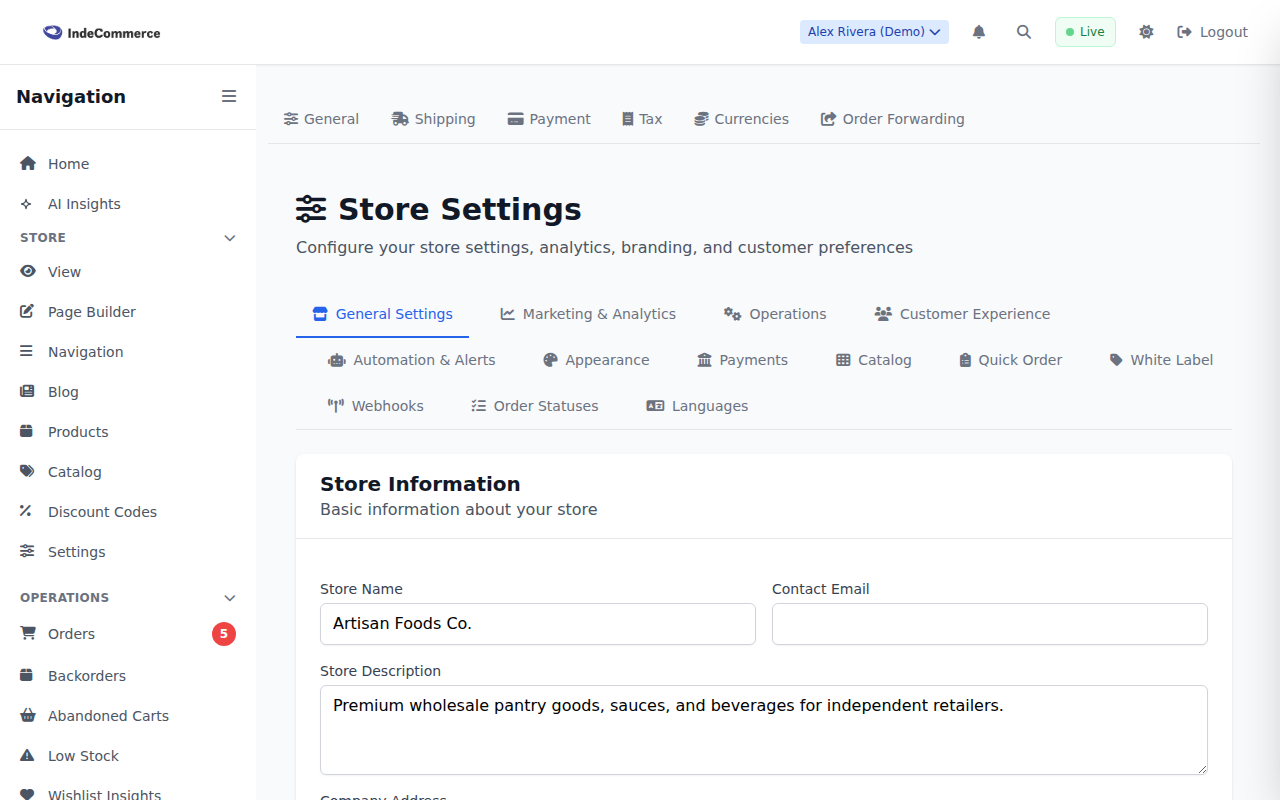 Store Settings screenshot